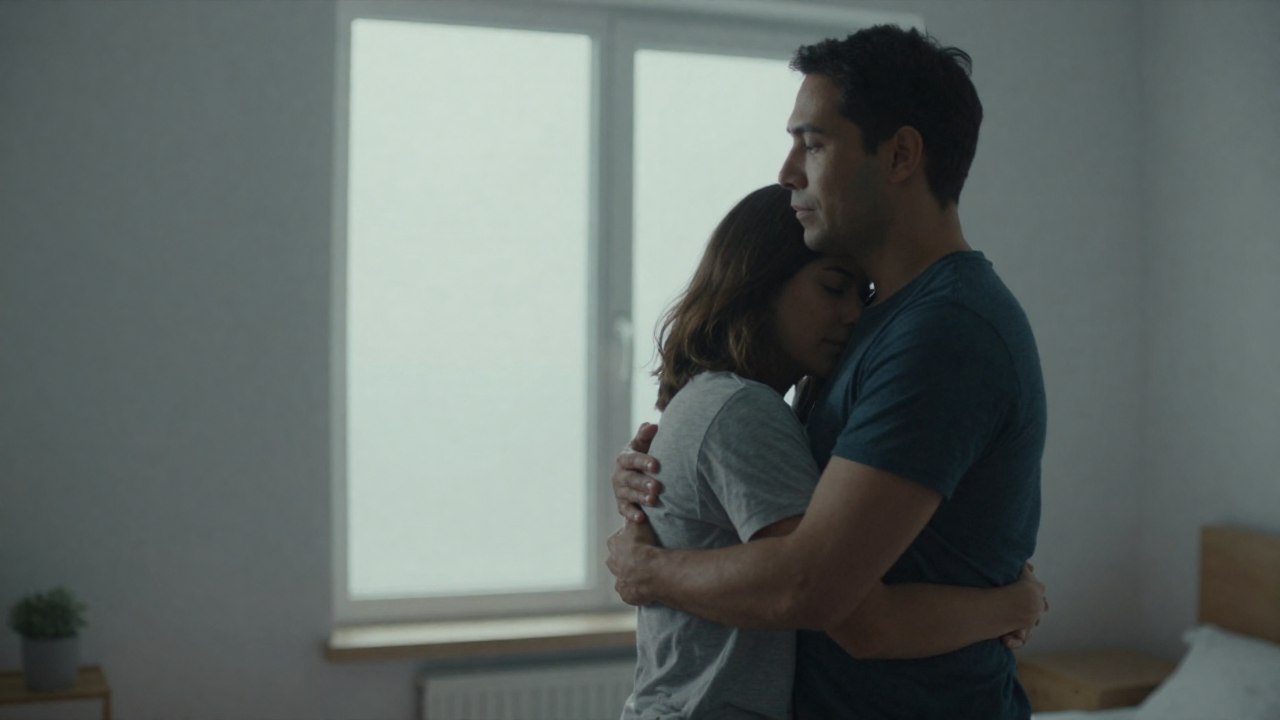 Fictional consenting adult couple age 30, calm intimate embrace in a minimalist smart apartment, soft cyan
